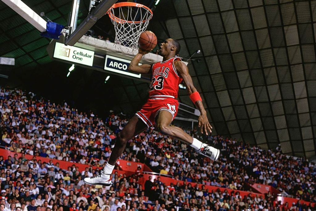 Michael Jordan doing his famous "Jumpan" dunk